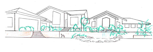 Ландшафтный эскиз-идея устройства подпорных стен у дома на небольшом склоне, вариант 1