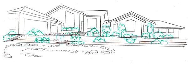Ландшафтный эскиз-идея устройства подпорных стен у дома на небольшом склоне, вариант 3